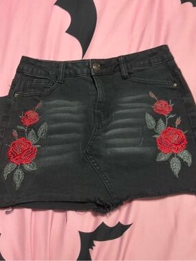 Black Denim Mini Skirt with Red Rose Embroidery